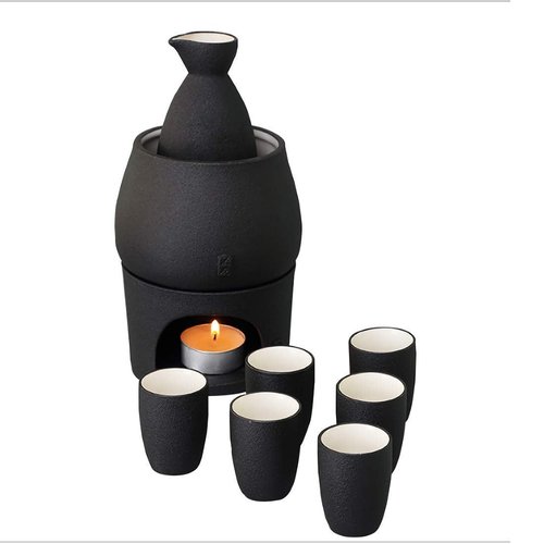 Lyty Ceramic Sake Set Cups with Warmer + Sake Saki Drink Storage Box, Porcelain Pottery Hot Cold Saki Drink, 9pcs include 1 Stove 1 Warming Bowl 1 Sake Bottle 6 Cup