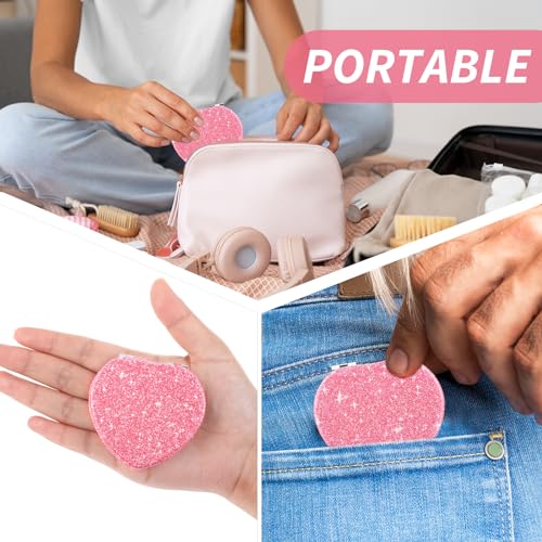 Dimeho Heart Shaped Compact Folding Mirror - Double Sided Portable Travel Makeup Vanity Mirror with 2X Magnification, Pink-Silver Glitter