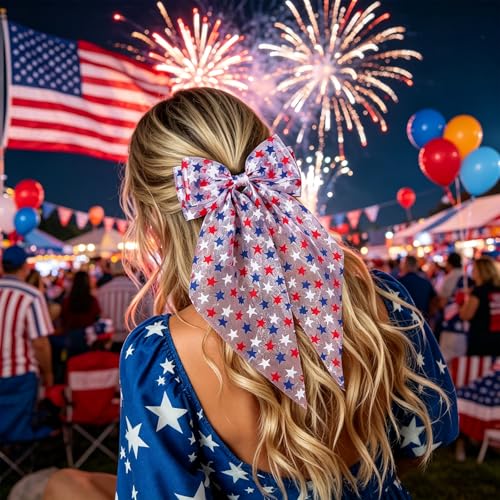 Patriotic 4th of July Hair Bow Clip - Red White Blue Star Tulle Barrette