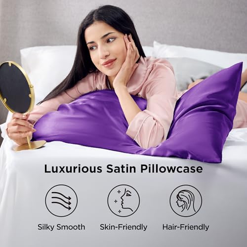 Bedsure King Satin Pillowcases Set of 2 - Purple, Hair & Skin Friendly