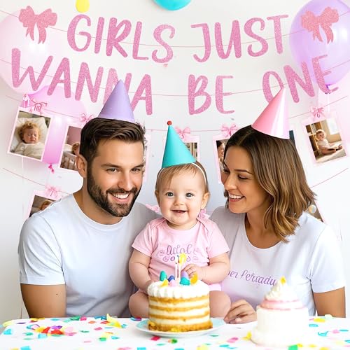 Girls First Birthday Banner & Photo Garland Set for Baby Girl Celebration