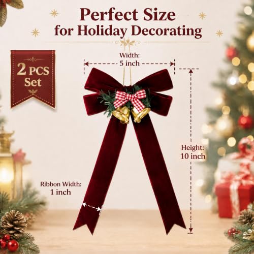 Burgundy Velvet Ribbon Bow Christmas Tree Ornaments with Brass Bells - 2 Pcs