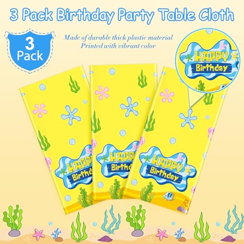 3 Pcs Yellow Ocean Birthday Tablecloths for Kids Parties - 54x108 Inch