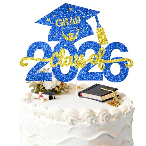 Class of 2026 Graduation Cake Topper - Blue Glittery Decor