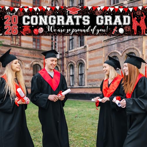 Large Red Black Graduation Banner - Class of 2026 Congrats Grad