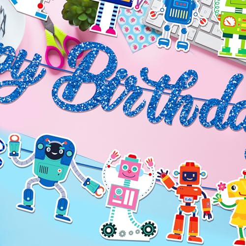 Cartoon Robot Happy Birthday Banner Set - 3Pcs Party Decoration
