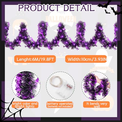20FT Halloween Tinsel Garland with Purple LED Lights - Battery Operated