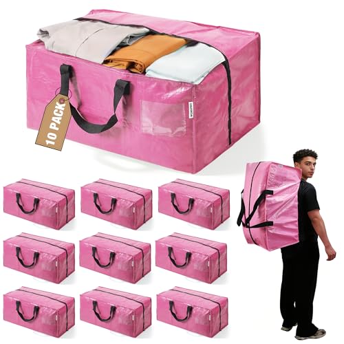 WORKPRO Heavy-Duty Extra Large Moving Bags - 10 Pack with Backpack Straps, Pink