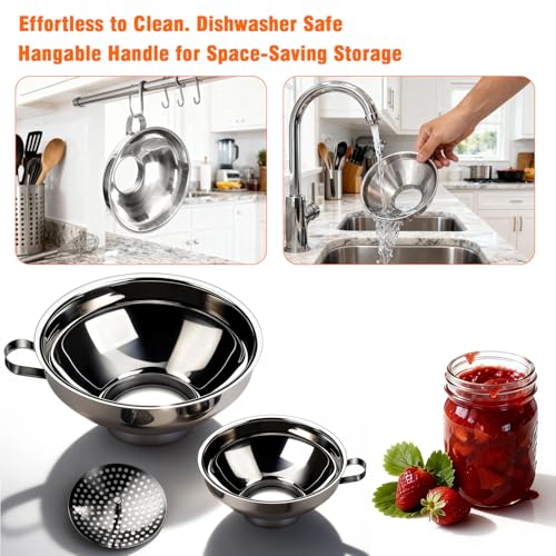 YUNFOOK 3-Piece Canning Funnel Set with Mesh Strainer - Stainless Steel for Wide & Regular Mouth Jars