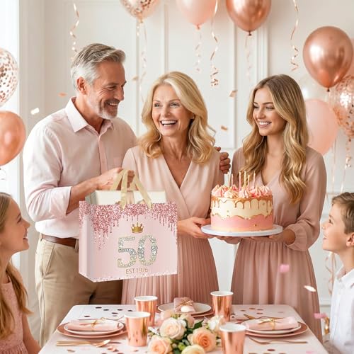 50th Birthday Gift Bag for Women Est 1976 Rose Gold with Tissue Paper