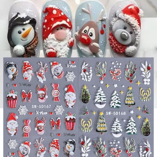 5D Embossed Christmas Nail Stickers Decals Santa Snowman 2PCS