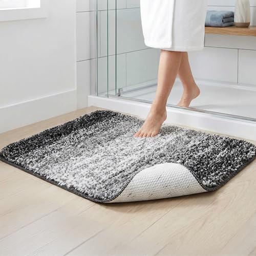 RAINFLOW Gray Microfiber Bathroom Rug, Non-Slip Washable Bath Mat