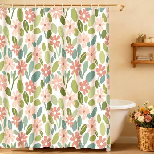 Pink & Green Floral Shower Curtain, Waterproof 180x180cm