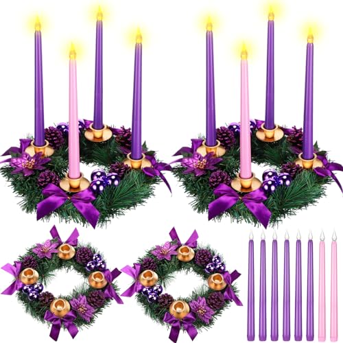 Christmas Advent Wreath Candle Holder Set with 8 LED Candles | Purple & Pink