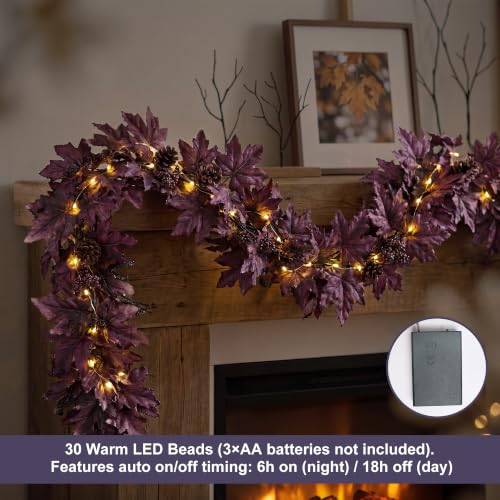 Purple Fall Garland with 30 Lights & Timer 6Ft Autumn Decor