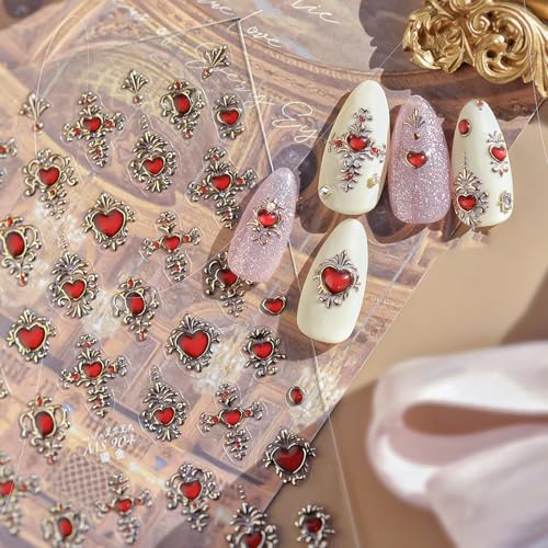 Valentines 5D Embossed Heart Nail Art Stickers Red Decals