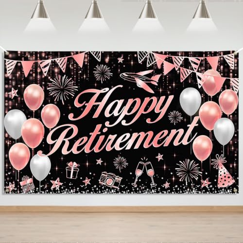 Rose Gold Happy Retirement Banner Backdrop - 70.8x43.3 Inch