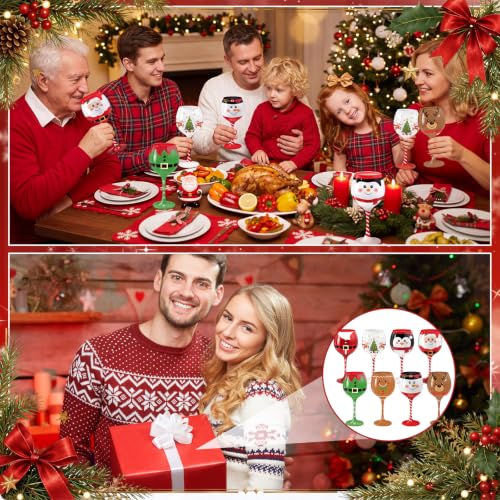 Christmas Wine Glasses Set - 8 Pcs 16.8 oz Holiday Stemware with Santa & Reindeer Designs - Variation: Classic