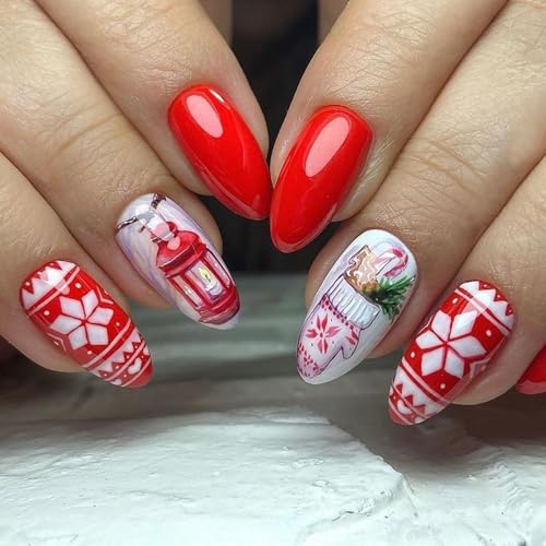 Christmas Press On Almond False Nails Glossy Acrylic Winter Fake Nails
