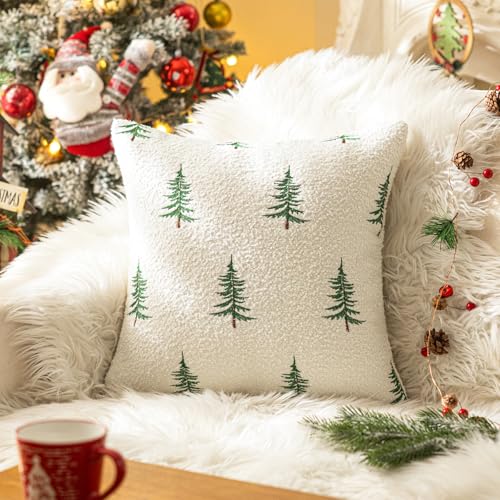 Christmas Tree Throw Pillow Cover 18x18 White Boucle with 3D Embroidery - Xmas Variation