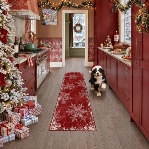 Bright Red 2ft x 6ft Christmas Snowflake Runner Rug - Holiday Hallway Carpet