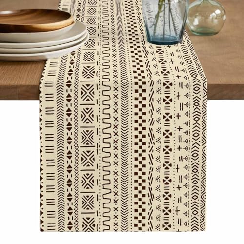 13x120 Inch Burlap Linen Table Runner with Geometric Ethnic Design - Farmhouse Decor for Dining & Parties