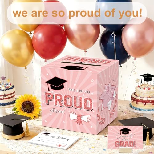 2026 Graduation Card Box with 50 Advice Cards - Pink & Rose Gold