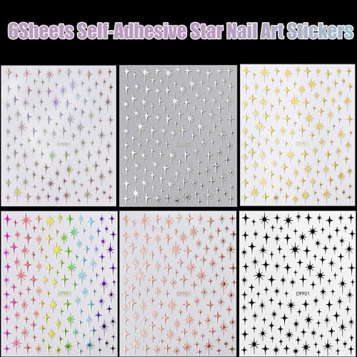 Star Nail Stickers 6 Sheets Self-Adhesive Holographic Gold Silver Decals