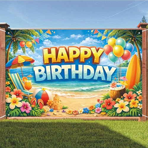 Happy Birthday Beach Backdrop Banner - Tropical Luau Photo Booth (71 x 43 in)