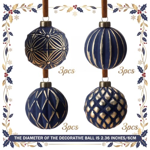 Navy Blue Vintage Christmas Ball Ornaments Set - 12 Pack with Gold Accents