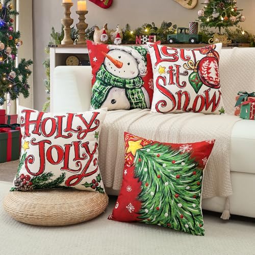 OTOSTAR Christmas Throw Pillow Covers 20x20 Inch, Set of 4 Red Holiday Decor