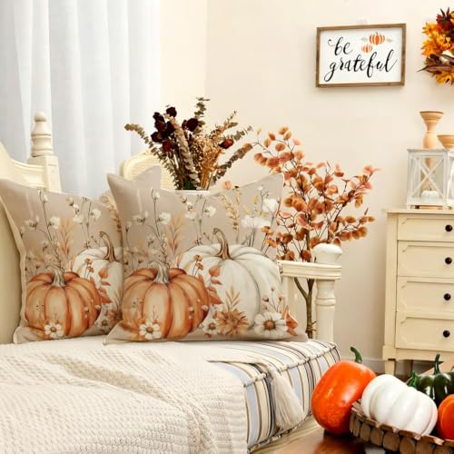 Fall Pumpkin Throw Pillow Covers 18x18, Waterproof Brown Set of 2