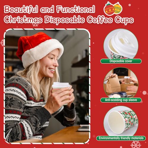100 Sets Christmas Coffee Cups with Lids & Sleeves - 9 oz Cute Holiday Design