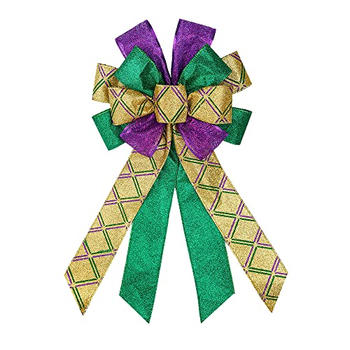 Large Mardi Gras Wreath Bow - Purple Green Glitter Plaid Carnival Decor