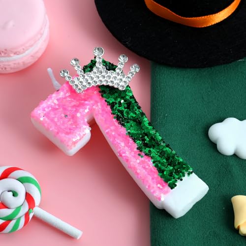 AKURIEEY Pink & Green Number 7 Birthday Candle Crown Cake Topper Wicked Themed Party Decor