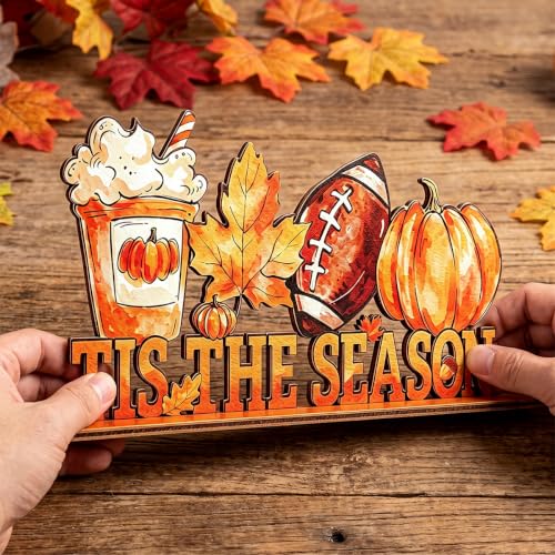 Autumn Football Decor Wooden Table Sign - Pumpkin & Maple Leaf