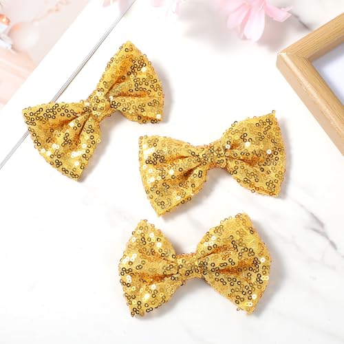 MBAIYO Gold Glitter Hair Bows 3-Pack Sparkly Sequin Bow Clips for Girls