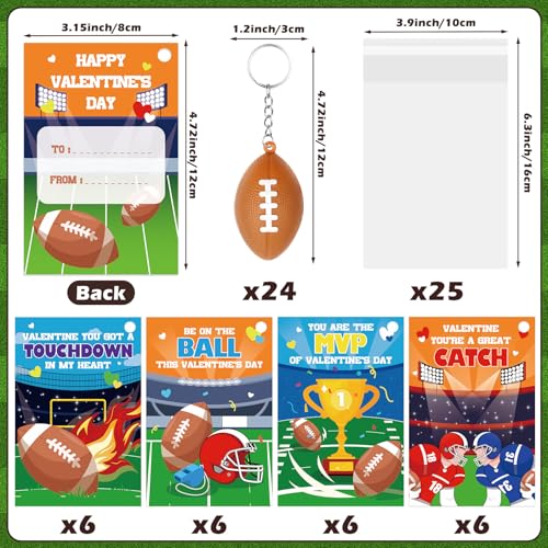 24-Pack Football Valentine's Day Gift Cards with Keychains