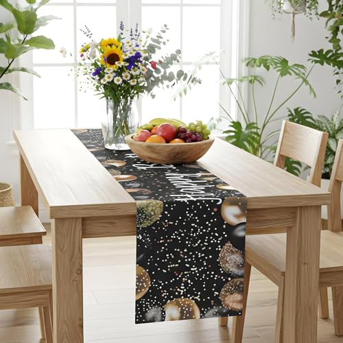 Happy Birthday Table Runner - Vintage Black Gold 72x13 In