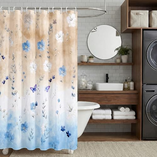 Watercolor Floral Shower Curtain - Pastel Blue & Yellow Design, 72x72