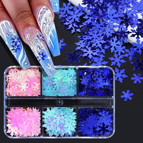 OHWODA Snowflake Nail Glitters 6-Grid Holographic Sequins
