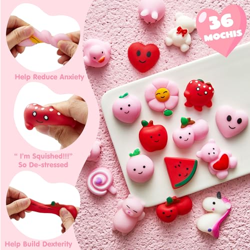 JOYIN 36 Packs Mochi Squishy Toys, Stress Relief Fidget Toys, Kawaii Mochi Squeezes for Kids Party Favors, Classroom Gift Exchange and School Rewards