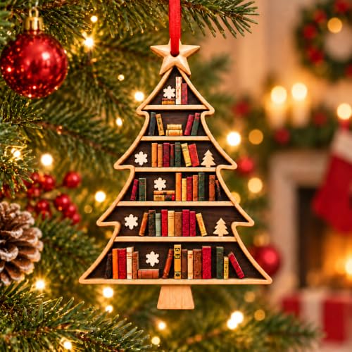 Book Lovers Christmas Tree Ornament - Wooden Book Stack with Snowflakes - Book Tree 1