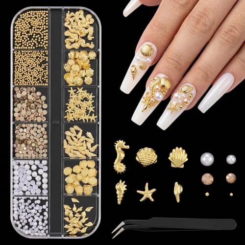 Summer Ocean Nail Charms 3D Gold Starfish Seashell Art Decorations with Tweezers
