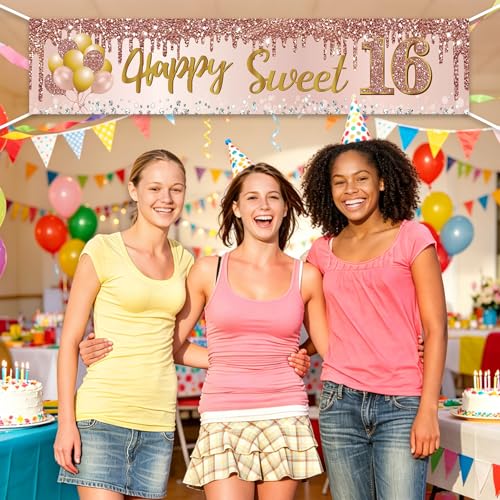 Excelloon Sweet 16 Birthday Banner - Pink Rose Gold Party Decoration
