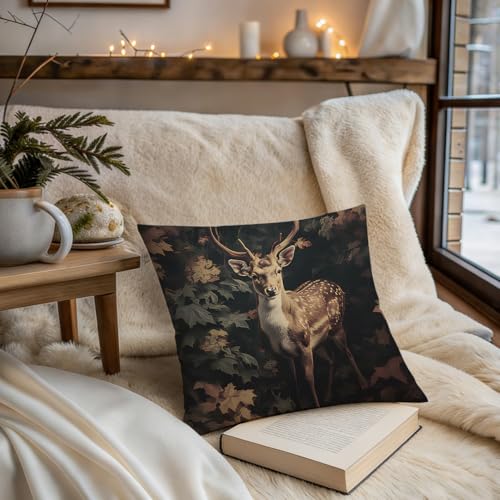 Vintage Deer Forest Pillow Cover 18x18 - Double-Sided Botanical Design