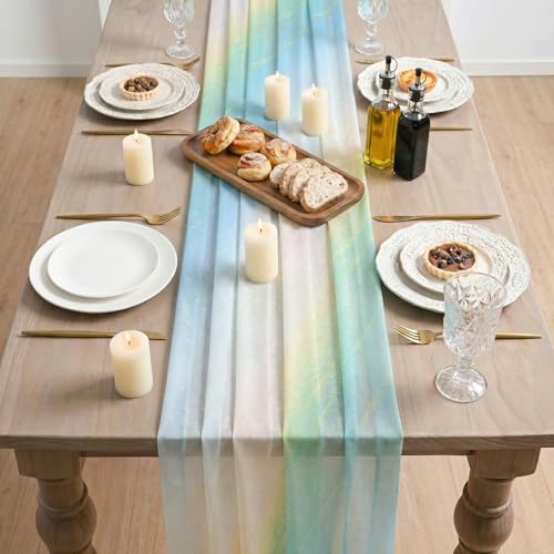 28x120 Inch Blue Boho Gradient Table Runner Chiffon Spring Decor for Kitchen & Dining