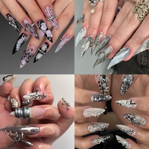 50Pcs Gothic Nail Charms Y2k Silver Piercing Spikes & Rhinestones