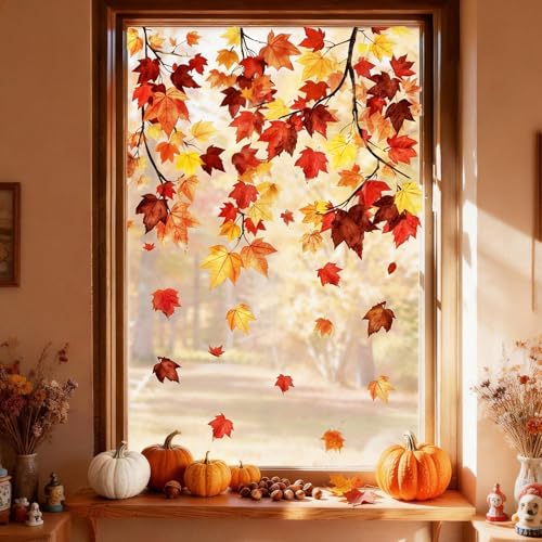 Whaline Fall Window Clings - 6 Sheets Colorful Maple Leaf Decals