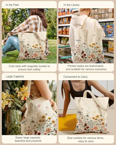 Miss Adola Retro Flower Canvas Tote Bag with Zipper Pocket